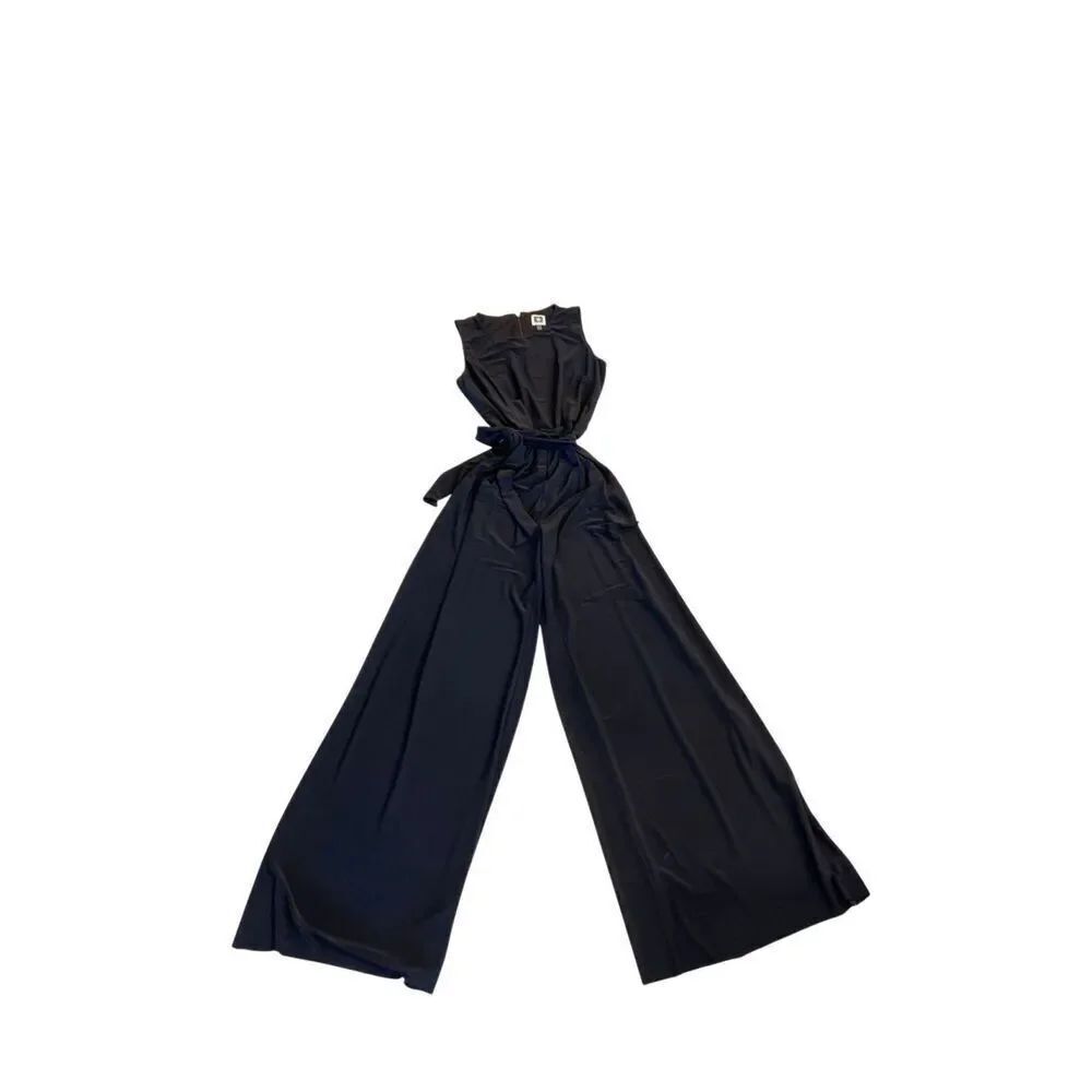 Anne Klein Women's Sleeveless Belted Wide Leg Zip Back Jumpsuit Black Size 4